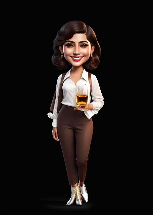 Woman caricature with oversized head holding whiskey glass on black background