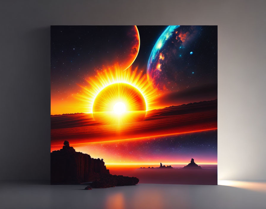 Surreal sci-fi landscape canvas print with vibrant sun, crescent planet, stars, and rocky