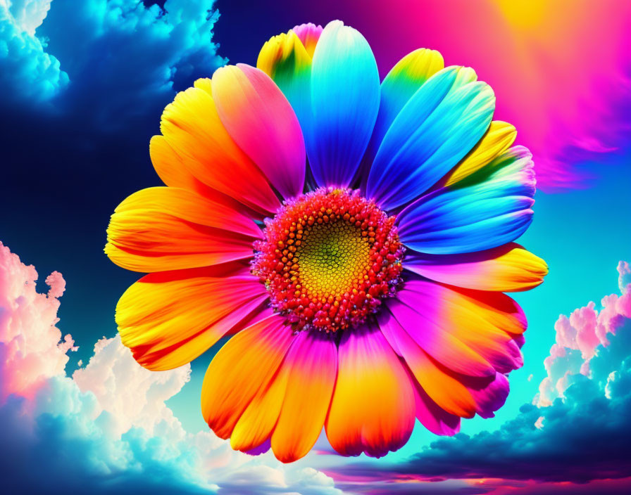 Digitally-altered multicolored flower against sunset sky background