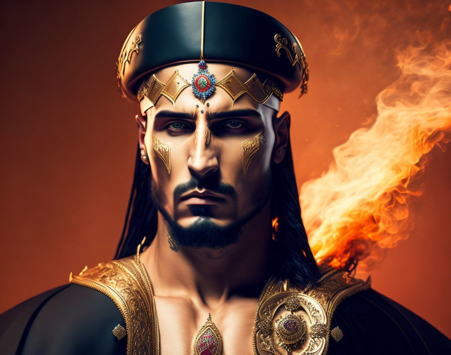 Regal figure with golden headwear and flames, dark beard, warm gradient background