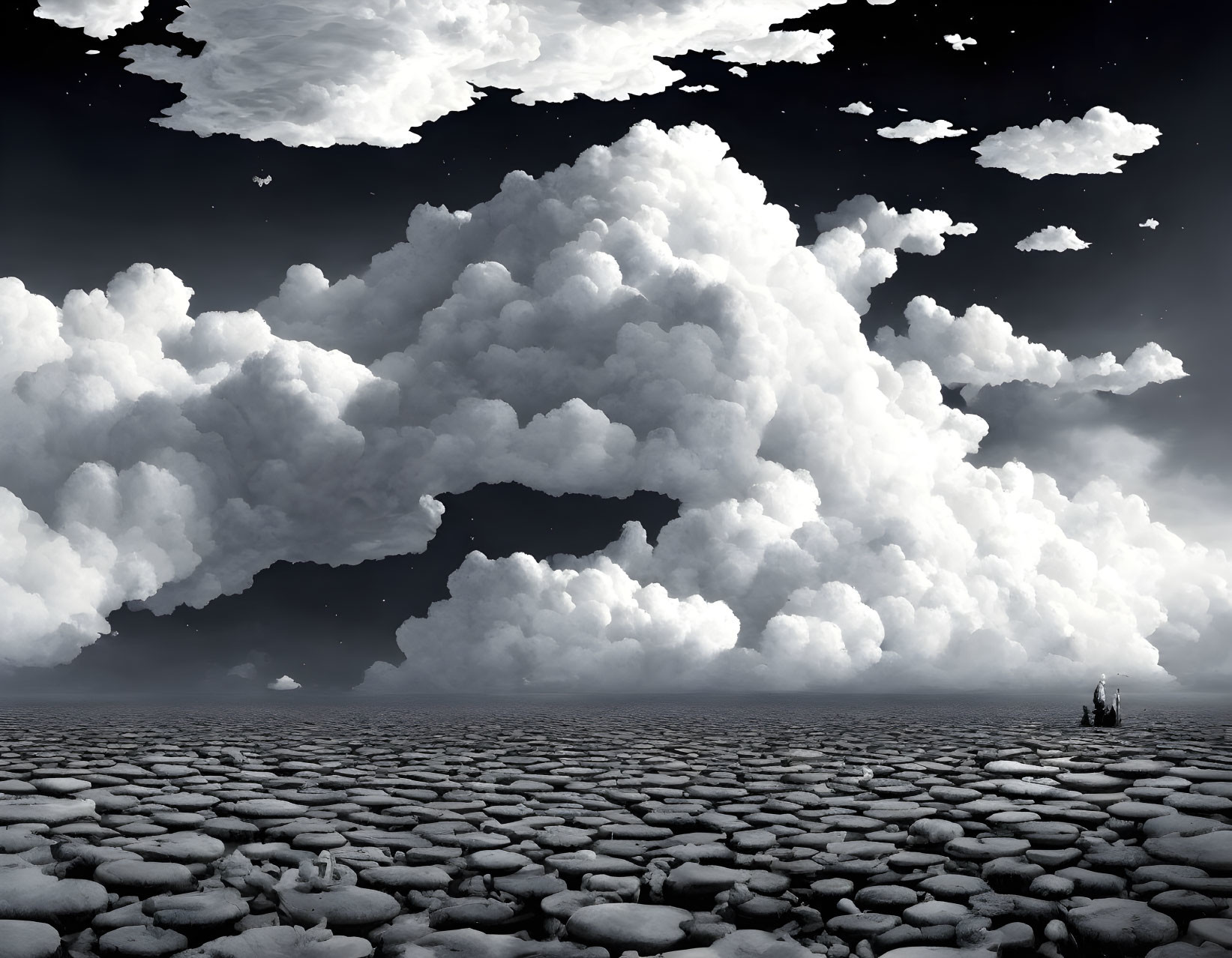 Surreal cracked ground under dramatic sky with fluffy clouds