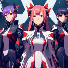 Three animated female characters in futuristic red and white outfits on abstract background