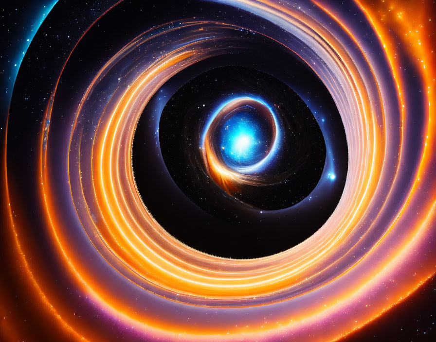 Swirling Galaxy with Blue Core and Orange Rings in Starry Space