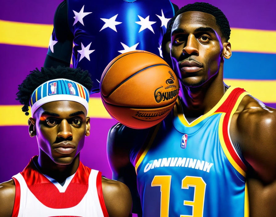 Vibrant basketball players with ball on colorful star-patterned background