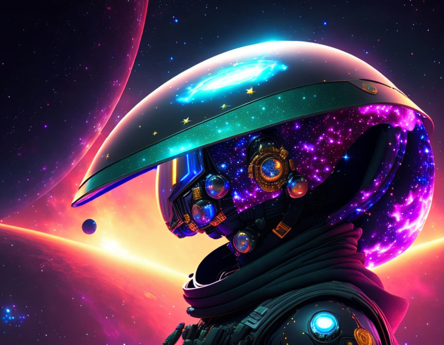 Detailed Astronaut Digital Artwork with Reflective Helmet & Cosmic Scene