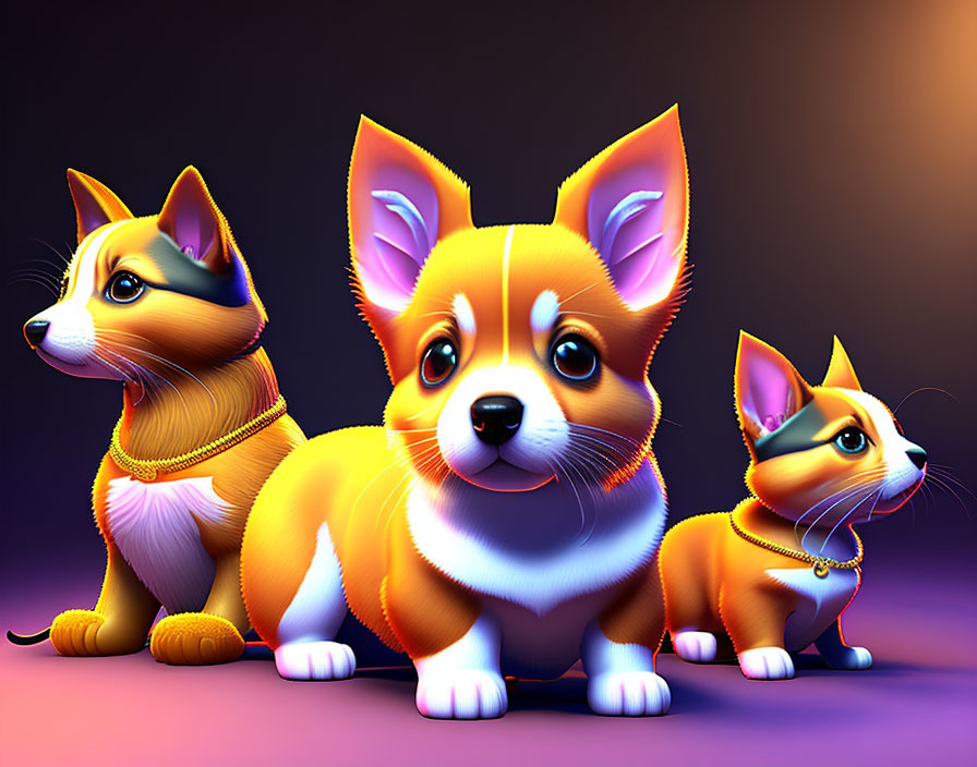 Three stylized cartoon corgi dogs on gradient background.