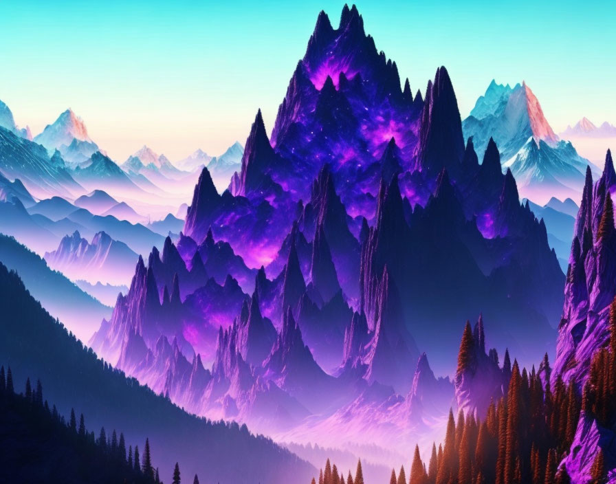 Colorful digital artwork: Mountain range with sharp peaks under gradient sky.