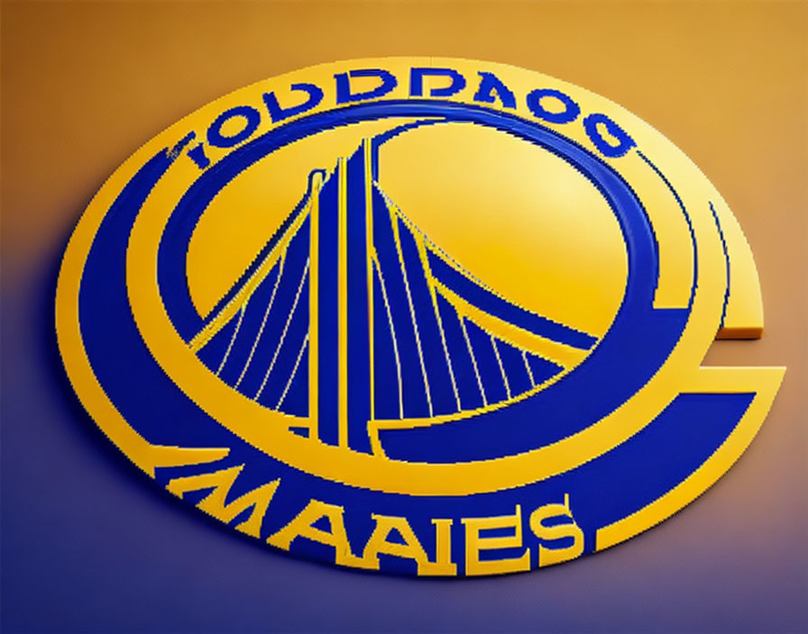 Stylized distorted logo like Golden State Warriors emblem in blue and yellow on purple background