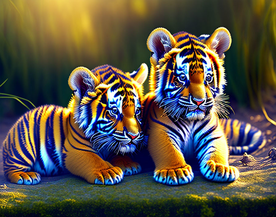 Tiger cubs resting in golden light with lush greenery.