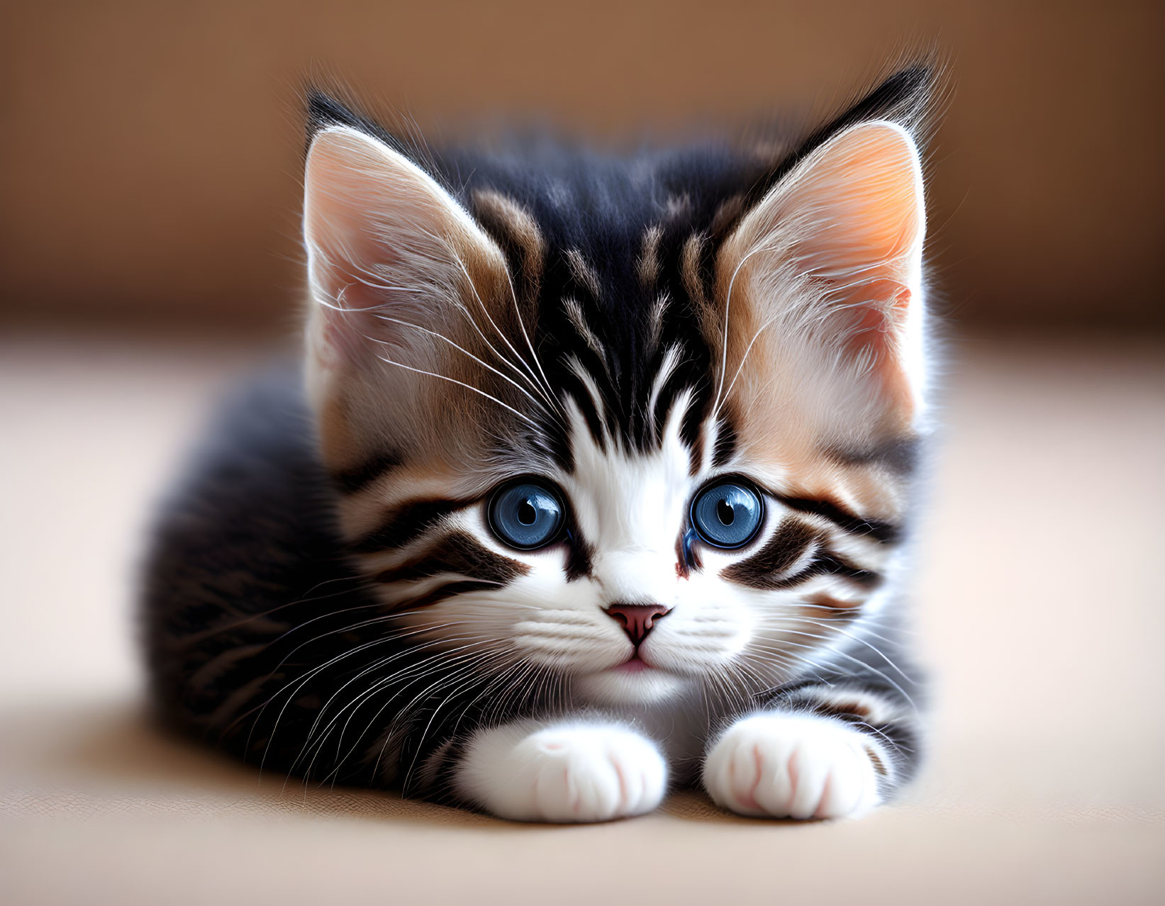 Tabby Kitten with Blue Eyes and Prominent Markings on Soft Surface