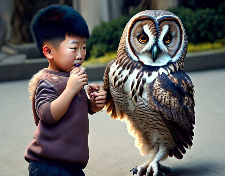 Young boy and large owl curiously observing each other outdoors