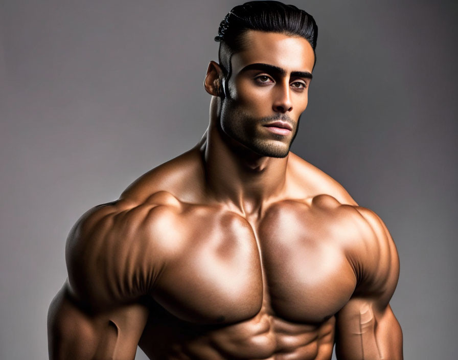 Muscular man with styled haircut and defined physique in side pose.