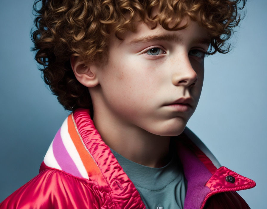 Young person with curly hair in red and purple jacket on blue background