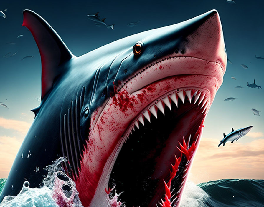 Menacing shark covered in blood emerges from ocean with smaller sharks and seabirds against dramatic sky