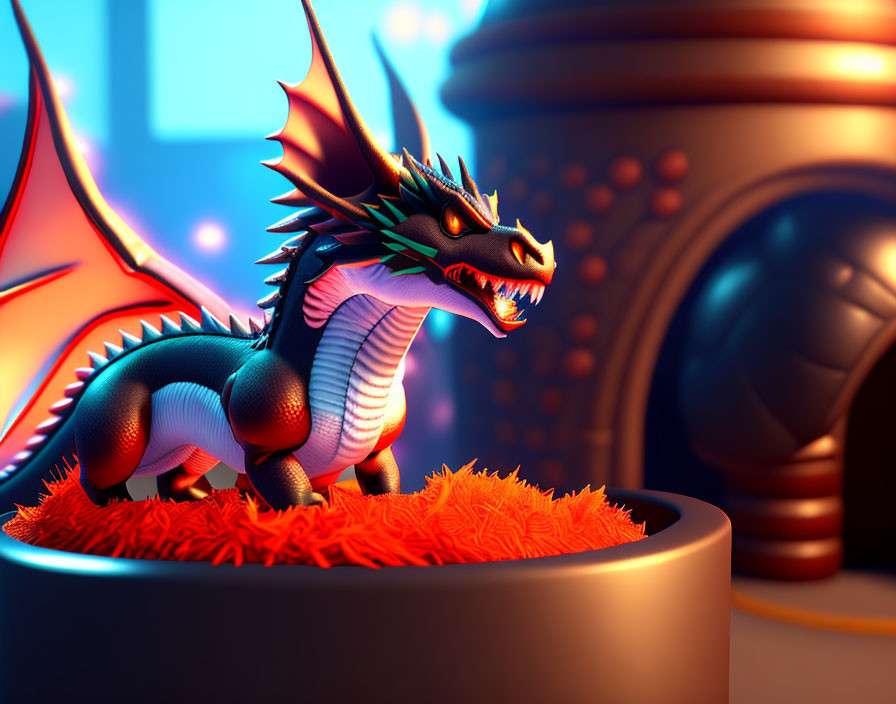 Stylized dragon toy with black and red scales on orange nest in warm-colored lights