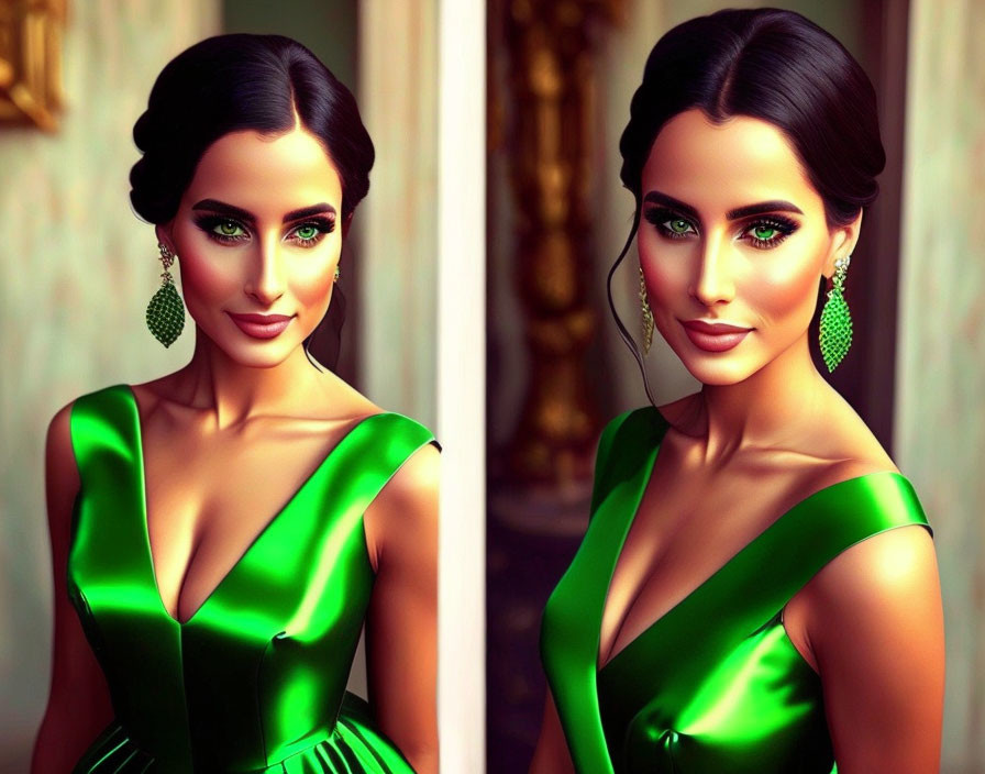 Dark-haired woman in green dress and updo hairstyle in luxurious interior