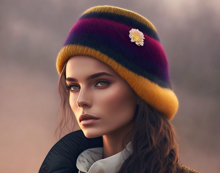 Woman with Striking Eyes in Colorful Beanie and Flower Pin