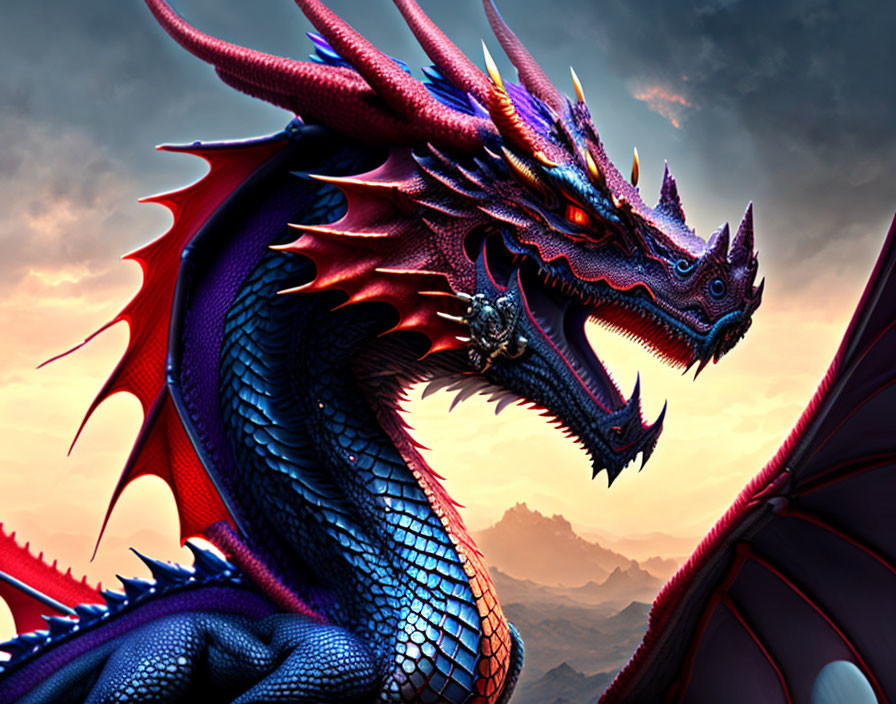 Colorful Dragon with Sharp Horns in Sunset Sky