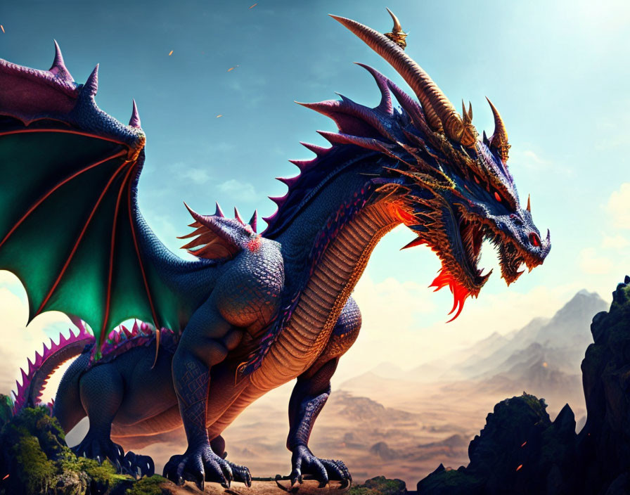 Majestic red and blue dragon with horns and large wings in mountain landscape