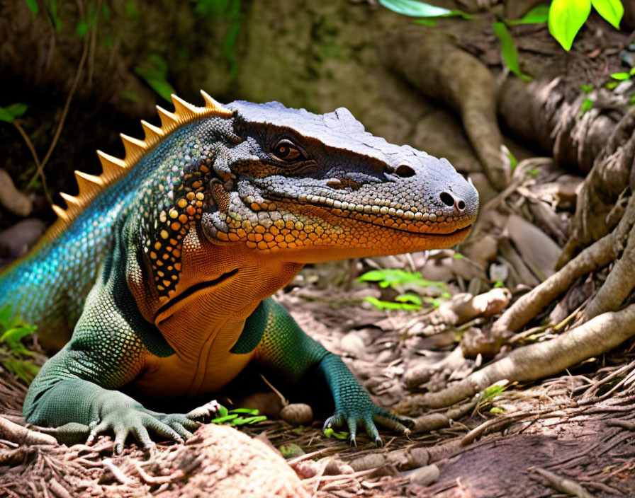 Colorful iguana with blue and orange scales in forest setting