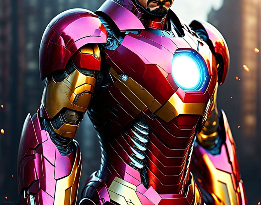 Detailed Close-Up of Red and Gold Iron Man Suit with Glowing Chest Reactor