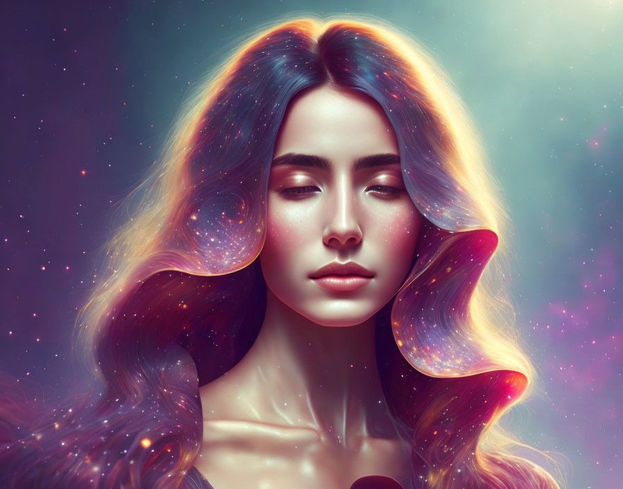 Cosmic-themed digital art portrait of a woman with vibrant colors