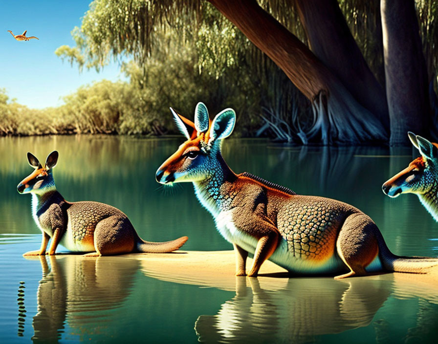 Digitally Altered Kangaroos with Animal Features Near Waterbody