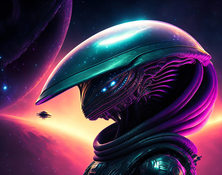 Colorful digital artwork of an alien with futuristic helmet in cosmic setting