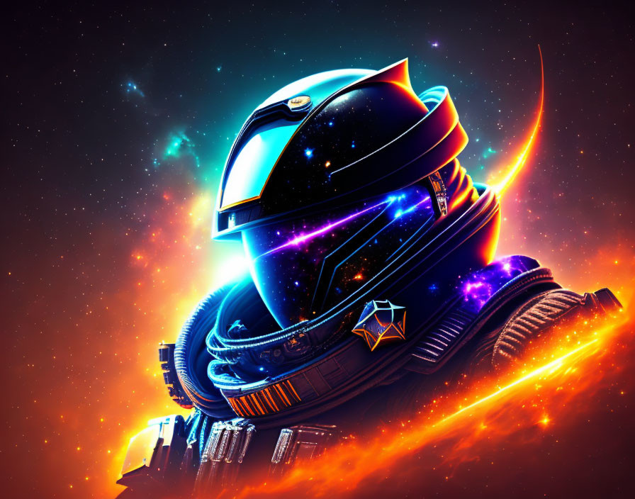 Futuristic Helmet with Neon Cosmic Designs on Fiery Trail in Starry Space