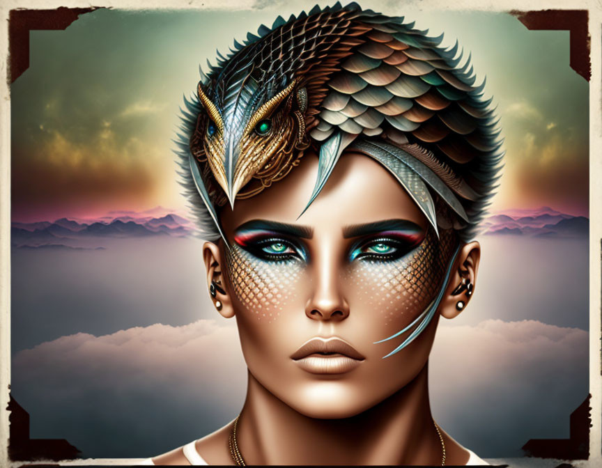 Digital artwork: Person with reptilian features and dragon on head in twilight sky