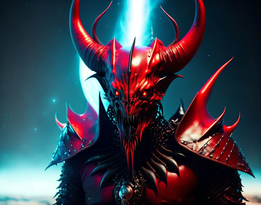 Sinister Red and Black Dragon with Glowing Blue Eyes and Horns on Starry Sky