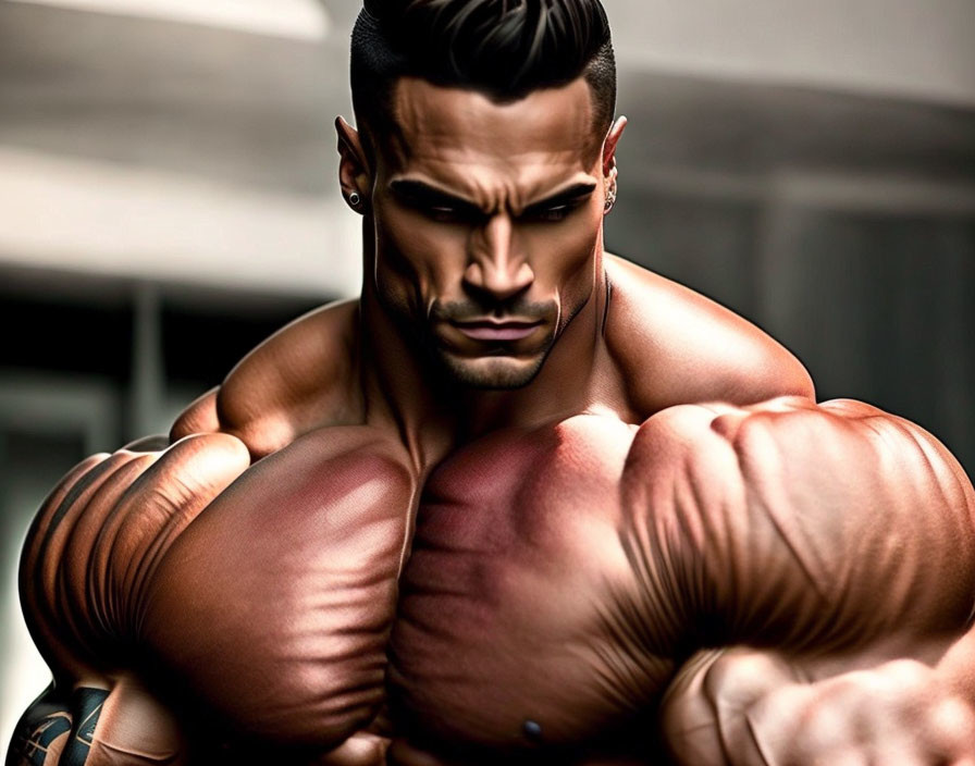 Digitally created hyper-muscular man with stern expression and exaggerated bodybuilder physique.