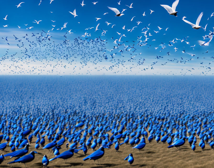 Bluebirds and White Birds Flying Over Grassy Field and Clear Blue Sky