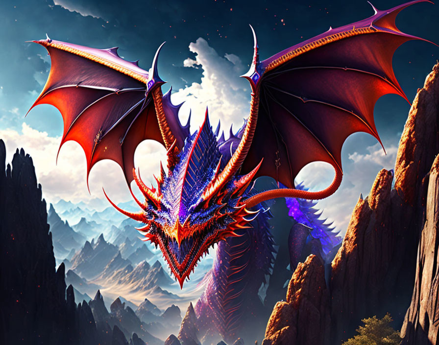 Red-Winged Dragon Soaring Over Rocky Mountains and Cloudy Sky