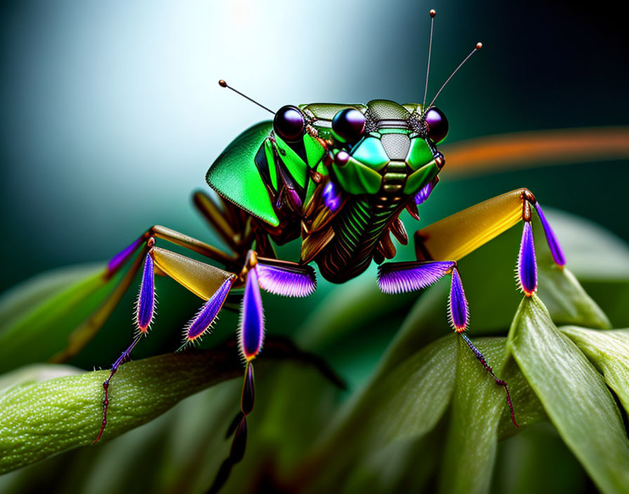 Colorful iridescent beetle on leaf with green and purple hues