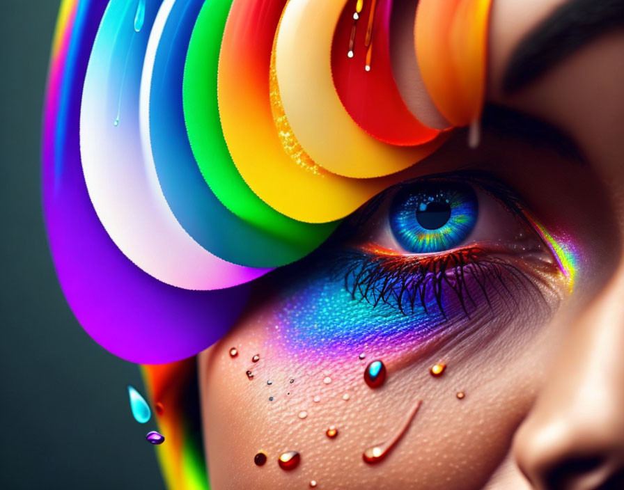 Vibrant rainbow paint flowing over eye in close-up view