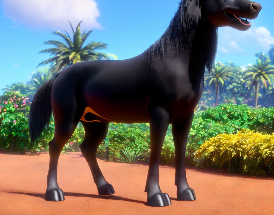 Animated Black Horse Smiling in Sunny Garden