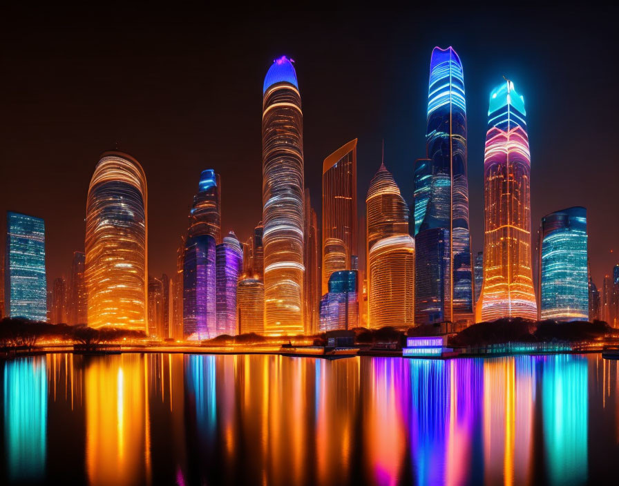 Nighttime cityscape with illuminated skyscrapers reflecting on water