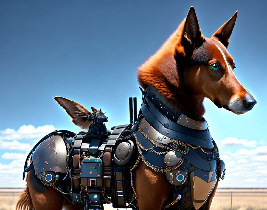 Futuristic robotic dog with intricate armor plating in barren landscape