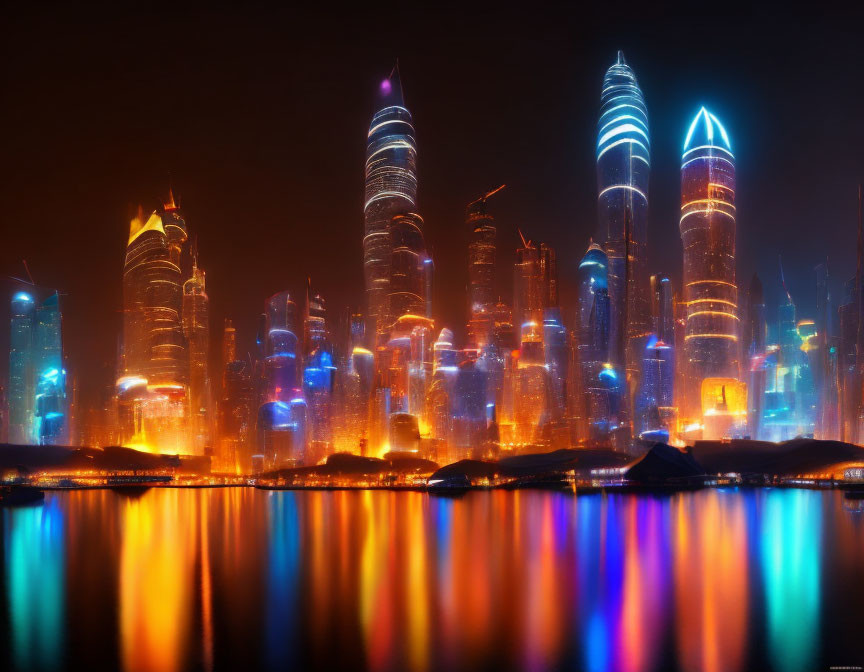 Vibrant nighttime cityscape with illuminated skyscrapers and futuristic architecture