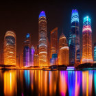 Vibrant nighttime cityscape with illuminated skyscrapers and futuristic architecture