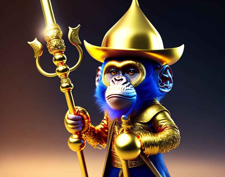 Stylized digital art: Blue monkey in golden armor with staff