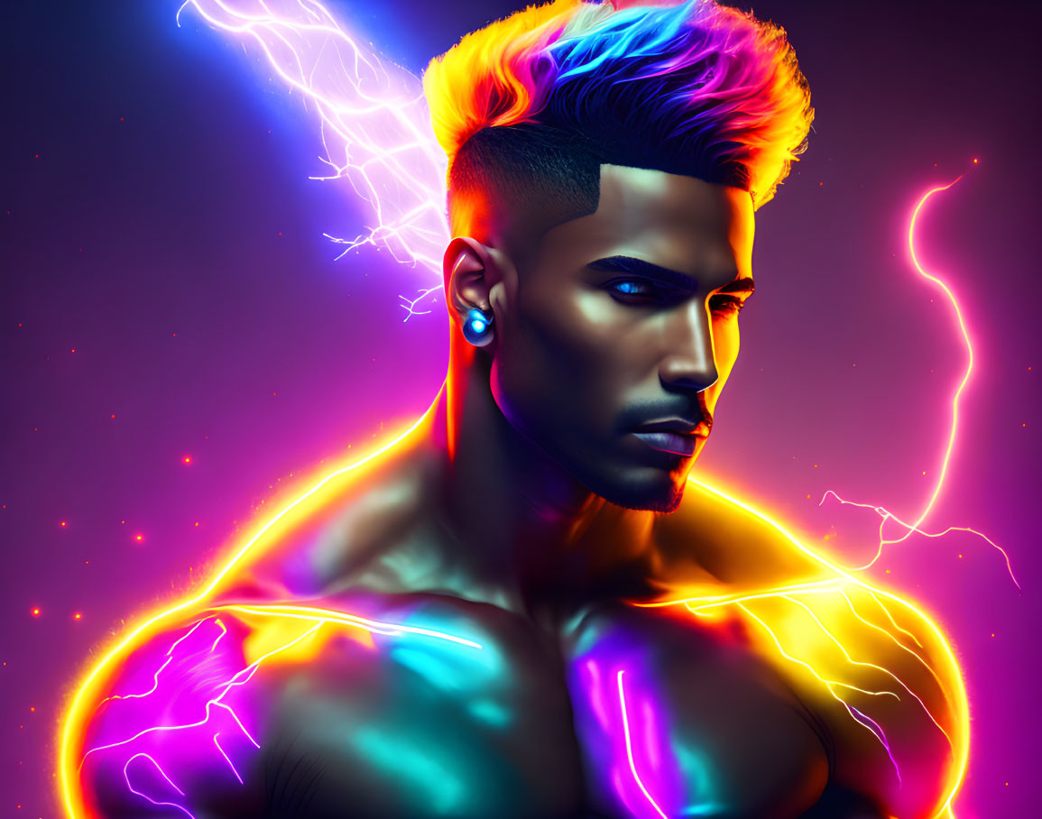 Colorful digital portrait of a man with neon-lit skin and multicolored mohawk.