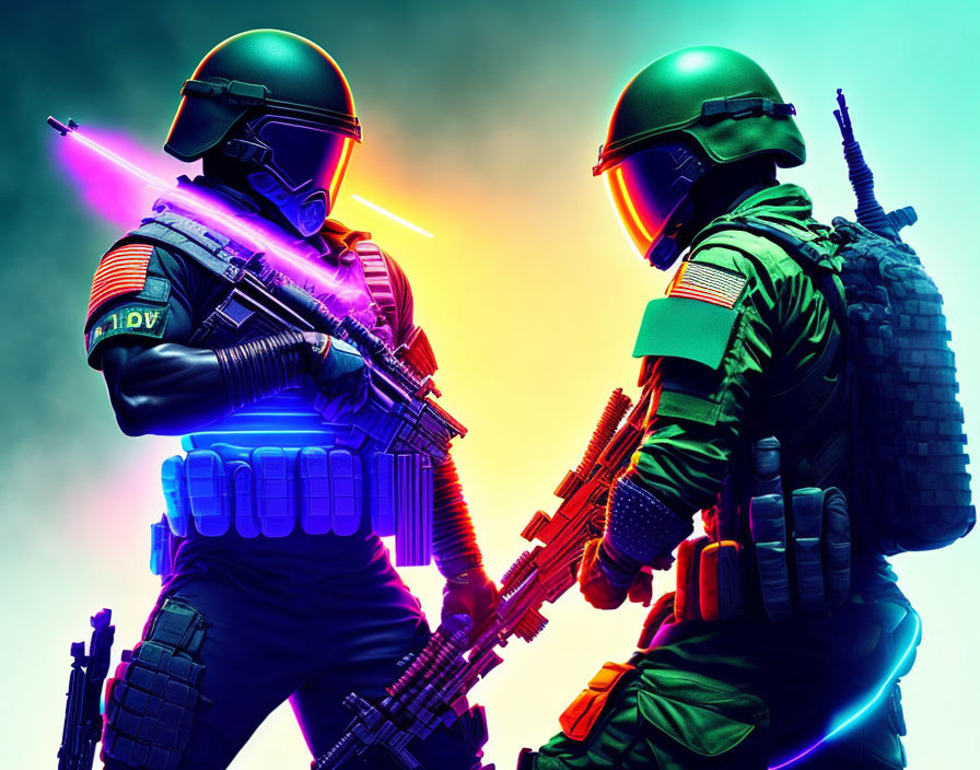 Futuristic soldiers with glowing visors and advanced weaponry in vibrant setting