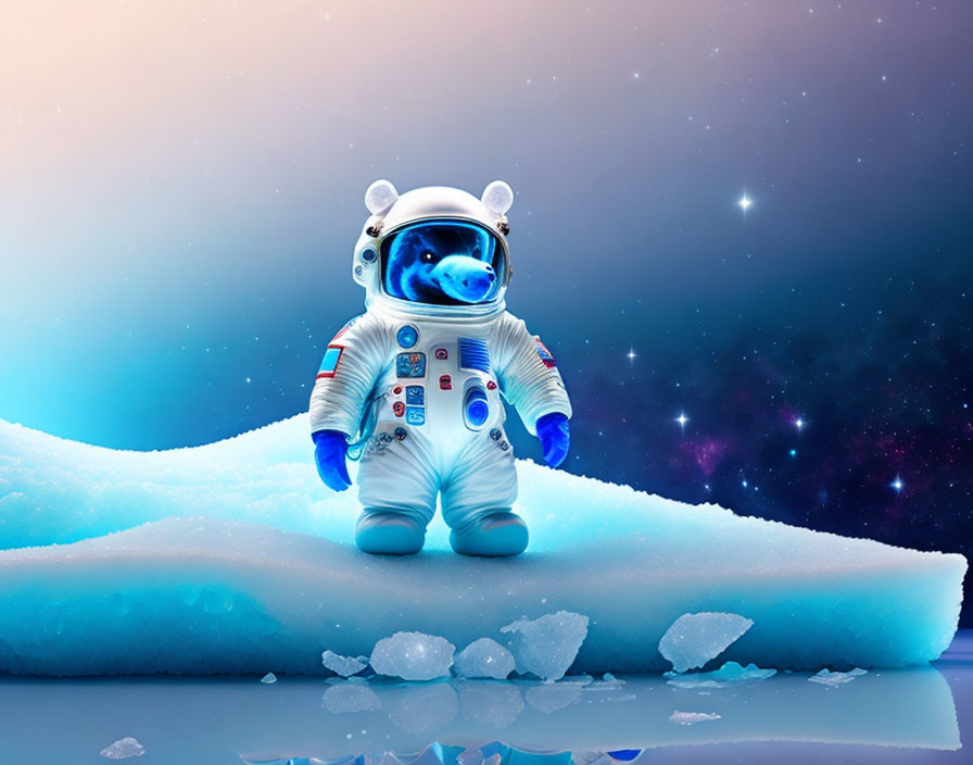 Astronaut on Floating Ice with Reflective Visor in Surreal Space Sky