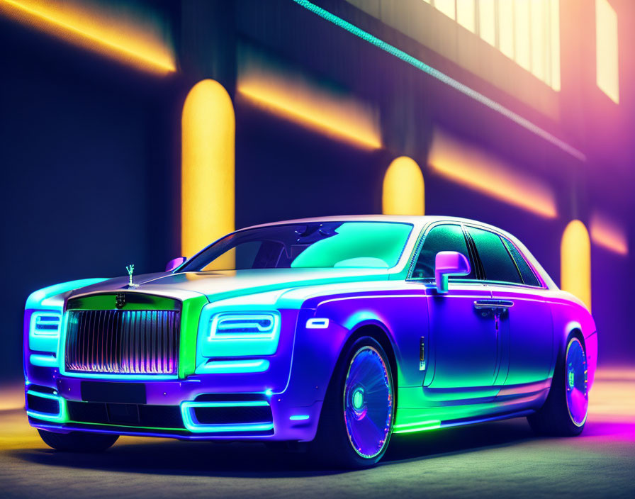 Luxury car with neon underglow parked in futuristic cityscape.