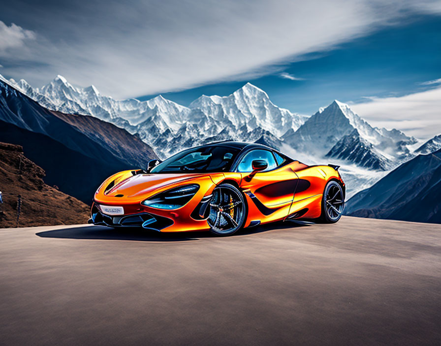 Orange Sports Car on Mountain Road with Snowy Peaks