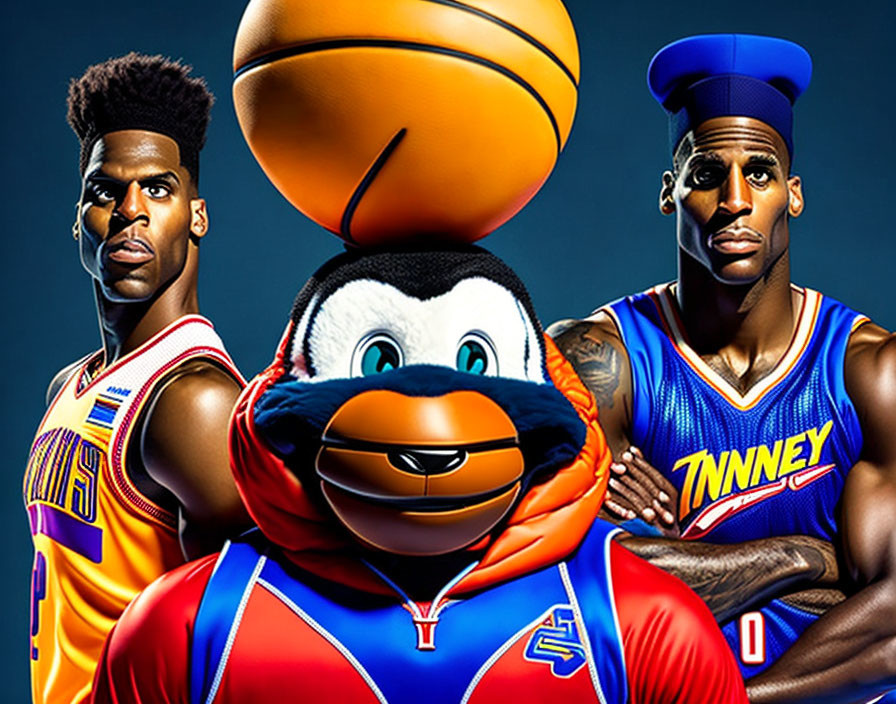 Colorful Jerseys Basketball Players with Animated Penguin Balancing Basketball