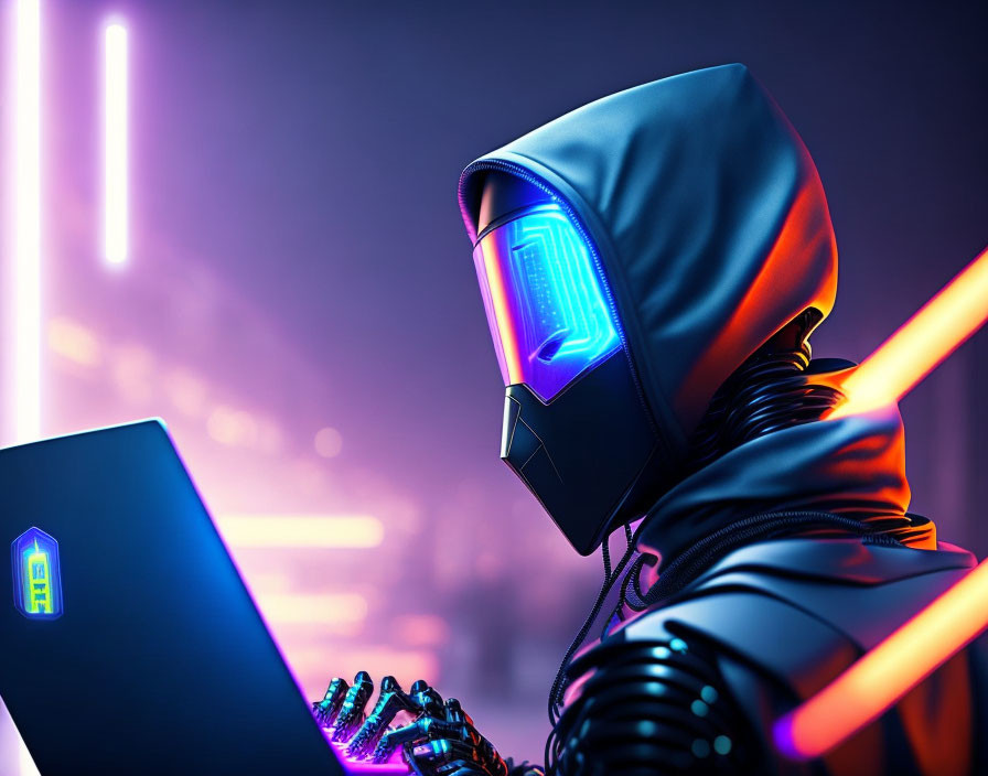 Futuristic character in hood and helmet with neon visor typing on laptop in glowing ambiance.