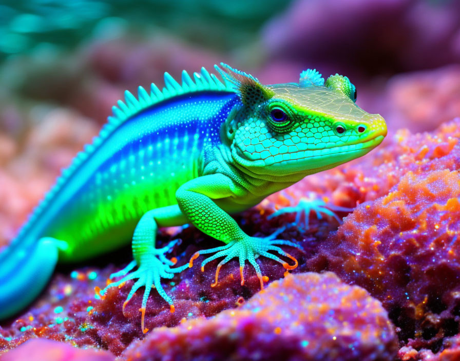 Colorful Frilled Lizard Resting on Coral